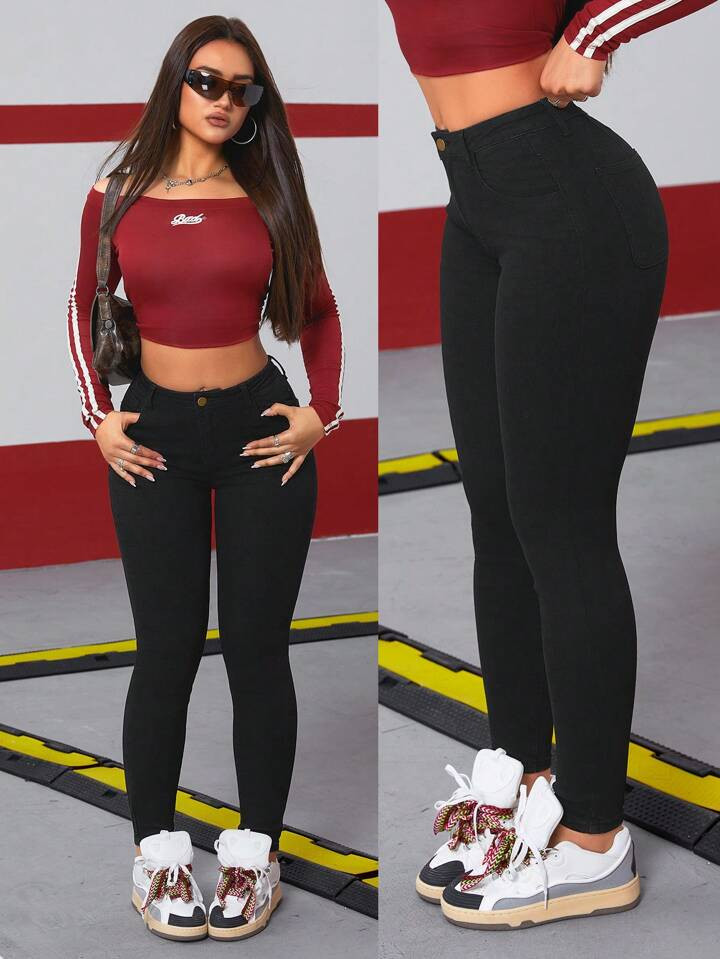 SHEIN ICON Women's Simple Style Casual Daily Solid Color Denim Jeans | SHEIN