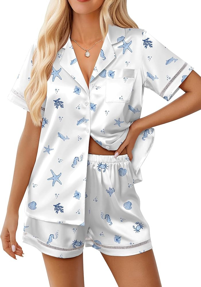Ekouaer Womens Silk Pajama Sets Button Up Satin Pjs Short Sleeve 2 Piece Pj Sets Cute Lounge Sets... | Amazon (US)