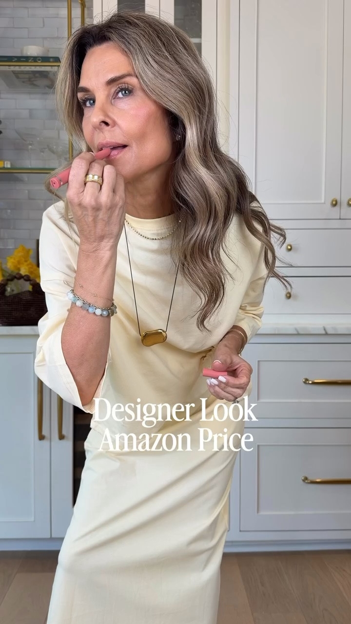 /Designer look for Amazon price! 
Love this set! The back has a cute split hem but completely covers. 
/shoes TTS 
/statement necklace is worth-it. 
/impressed with this new lipgloss. Hydrating and smoothing, blush stays all day! 


#LTKootd #LTKgrwm #LTKOver40