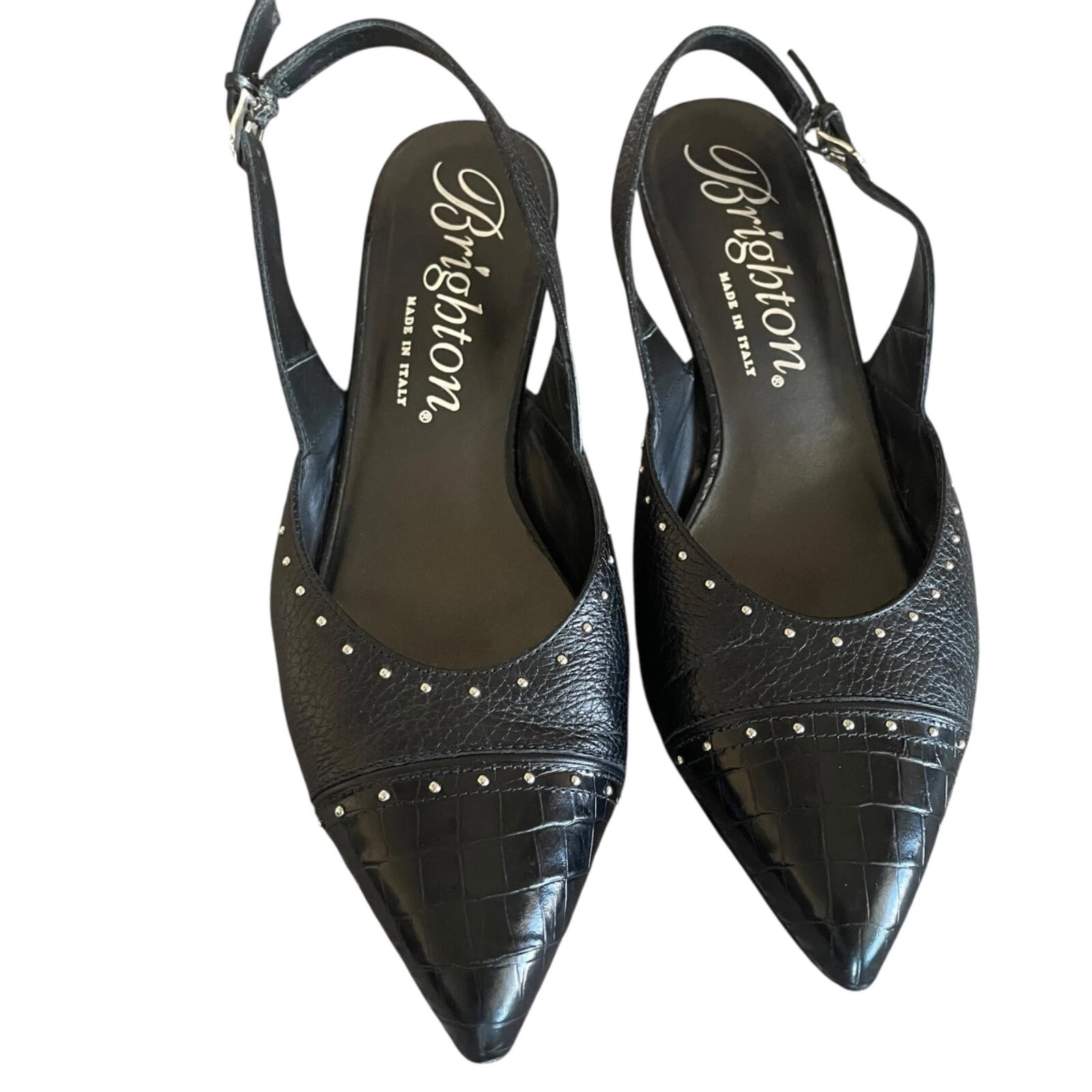 BRIGHTON Frieze Women's Size 9 Black Leather Studded Slingback Heels Pumps Italy | eBay US