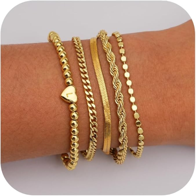 doubgood Valentines Day Gifts for Her - Gold Bracelets for Women Waterproof Stackable Heart Initi... | Amazon (US)