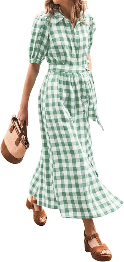 CHARTOU Women Summer Plaid Puff Short Sleeve Dress Button Down Long Shirt Dress with Belt | Amazon (US)