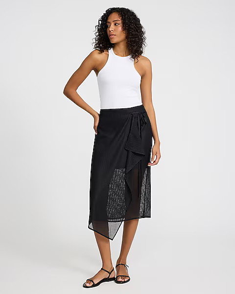 High Waisted Textured Mesh Asymmetrical Wrap Midi Skirt | Express