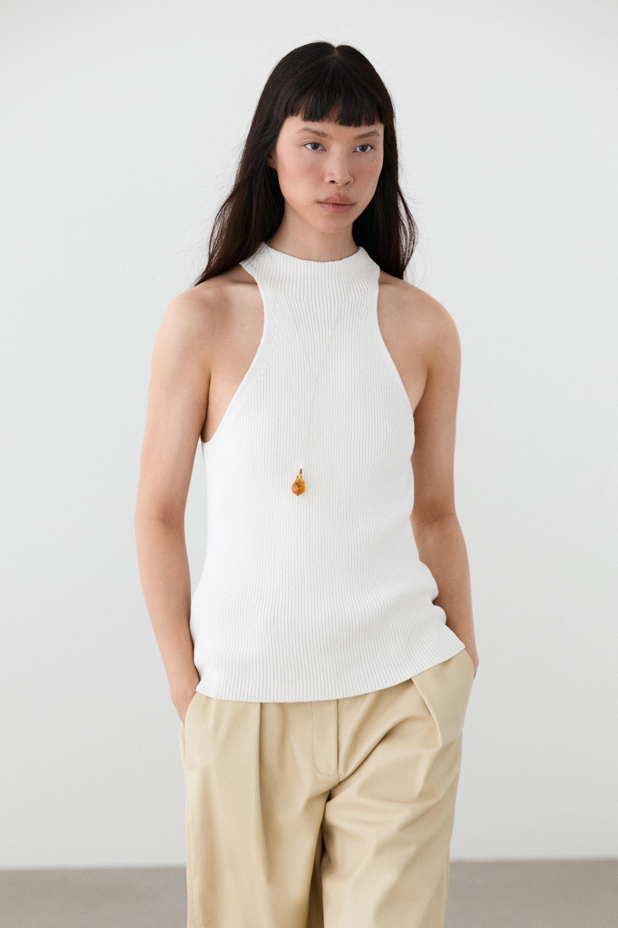 Cotton blend halter top with ribbed detail | Massimo Dutti UK
