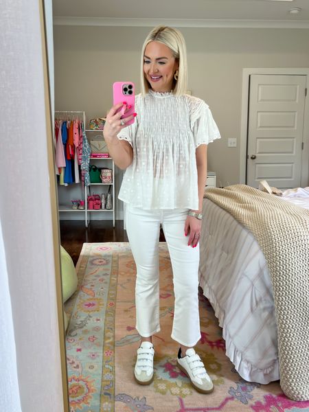 All white outfit / white crop flare jeans (24 petite) / velcro sneakers / white eyelet lace top / white spring top (size XXS) 

#LTKSeasonal #LTKstyletip