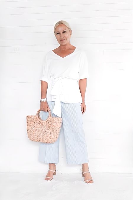 Cool & Crisp Cool Neutral Outfits for Summer with the Coastal Casual Vibe. Blue and white pinstripe crop pants are Bogo 50% off.

#LTKOver40 #LTKSeasonal #LTKSaleAlert