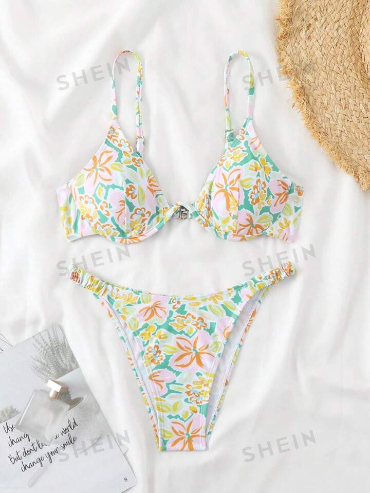 SHEIN Swim Vcay Women Beach Vacation Flower Print Swimsuit Set For Swimming Pool,Summer Beach | S... | SHEIN