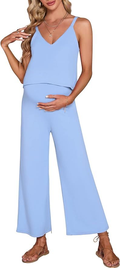 KOJOOIN Women's Maternity Jumpsuit Sleeveless V Neck Ribbed Adjustable Strap Layered Front Wide L... | Amazon (US)