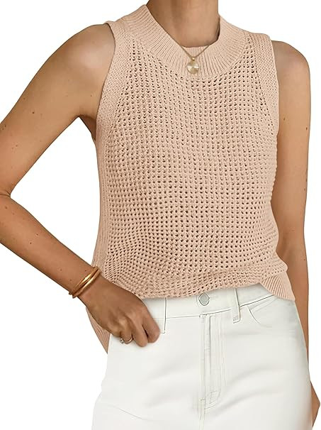 PRETTYGARDEN Summer Crochet Tank Tops for Women 2025 Casual Crewneck Hollow Out Loose Knit Sleeve... | Amazon (US)