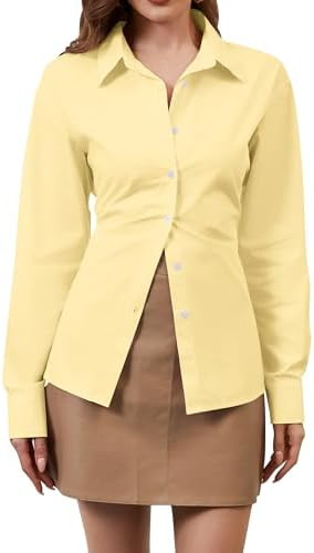 MISSACTIVER Women's Lapel Collar Button Down Shirt Cinch Waist Long Sleeve Casual Work Dressy Tun... | Amazon (US)