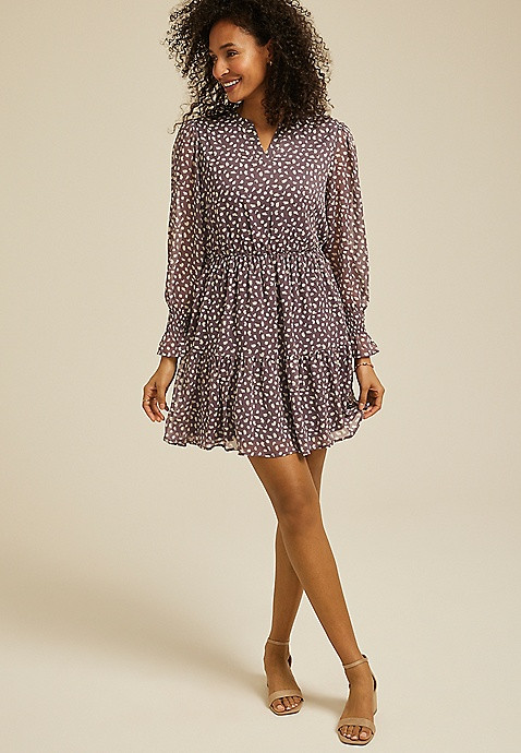 Printed Long Sleeve Tiered Mini Dress | Maurices