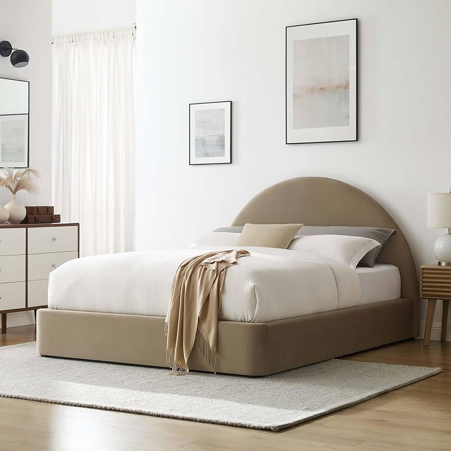 Modway Resort Queen Size Platform Bed with Arch Shaped Round Headboard in Taupe, Upholstered Velv... | Amazon (US)