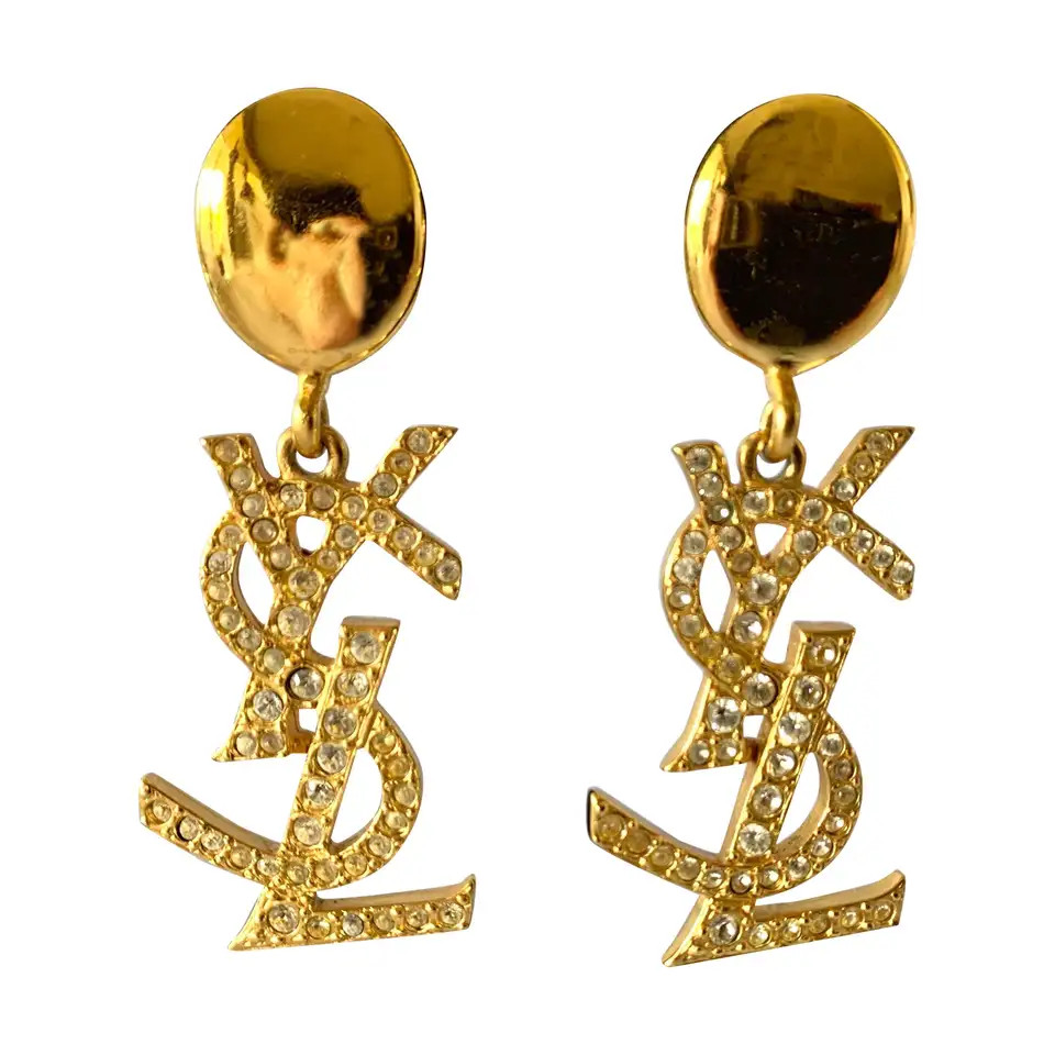 Vintage Yves Saint Laurent YSL  Diamante Logo Statement Earrings | 1stDibs