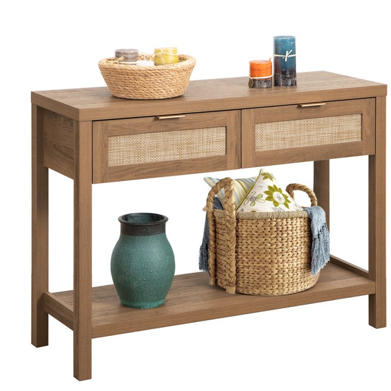 Omni House Rattan Console Table with 2 Drawers and Open Storage Shelf,Sofa Table Entryway Table H... | Walmart (US)