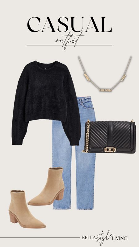 Casual outfit. 
H&M sweater 
Abercrombie denim 
Pointed toe leather bootie 
Rebecca minkoff crossbody 

#LTKunder50 #LTKstyletip #LTKSeasonal