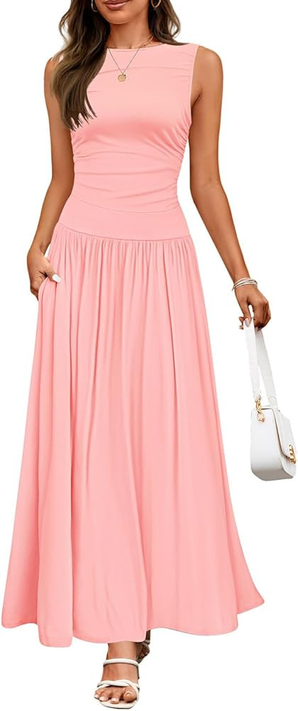 ZESICA Women's Summer Sleeveless Maxi Dress 2025 Casual Crewneck Pleated Flowy Long Dress with Po... | Amazon (US)