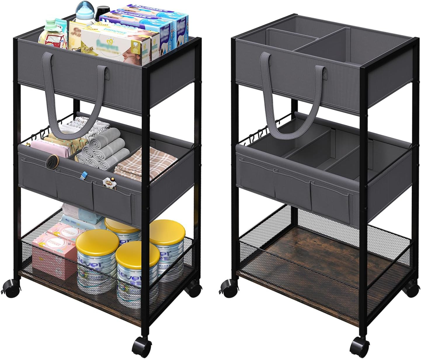 Diaper Caddy Organizer and Storage, 3-Tier Baby Storage Organizers with 2+2 Dividers, Large Capacity Diaper Rolling Cart for Nursery, Diaper Caddy Cart for Crib, Bedroom, Bathroom | Amazon (US)