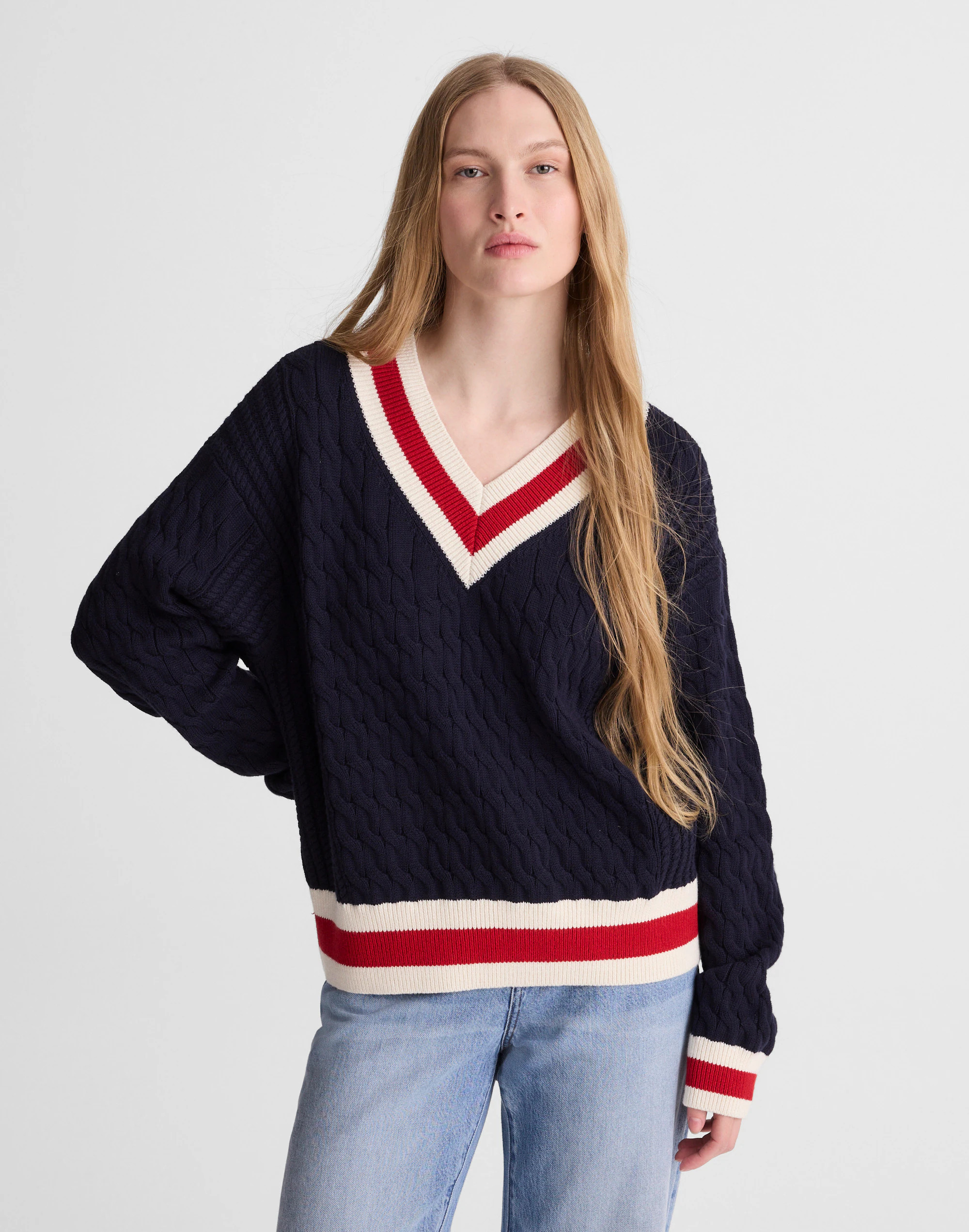 Cable-Knit V-Neck Varsity Sweater | Madewell
