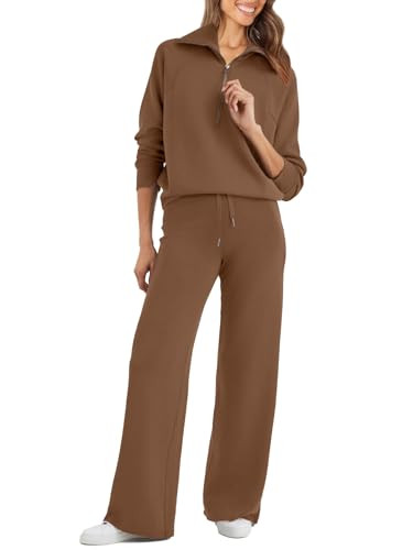 Glamaker Womens 2 Piece Outfits Sweatsuit Set Oversized Half Zip Sweatsuits Wide Leg Sweatpants Lounge Sets Tracksuit Brown S | Amazon (US)