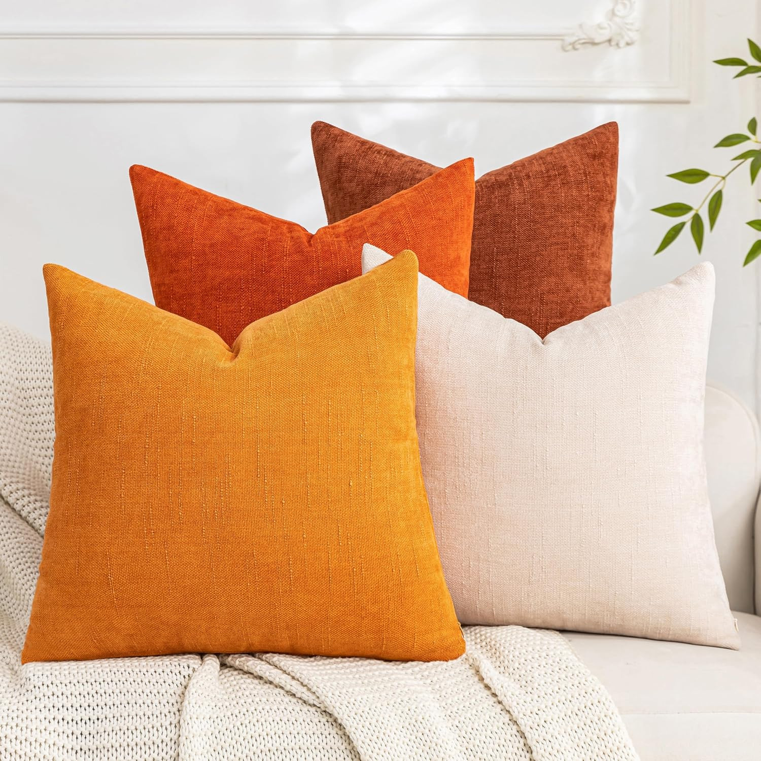 Set of 4 Soft Textured Decorative Throw Pillow Covers 18x18 Inch Cozy Farmhouse Cushion Cover Square Accent Pillow Cases for Bed Couch Sofa Living Room, Beige Rust Orange | Amazon (US)