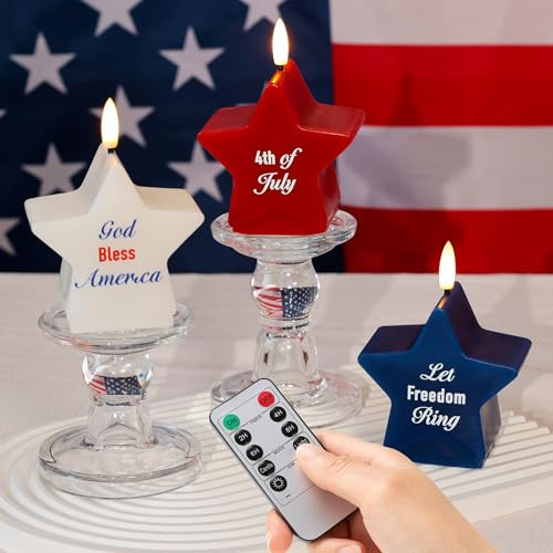4th of July Star Shaped Flameless Candles with Remote and Timer, Real Wax Red White and Blue LED Candles, 250th Anniversary Patriotic Battery Operated Fourth of July Decor Set | Amazon (US)