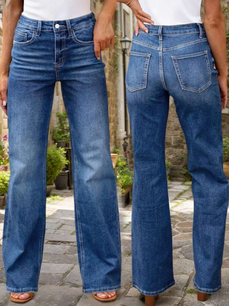 2025 New Women's High-Waisted Straight-Leg Jeans - Vintage Washed Dark Blue Denim, Slim Fit With ... | SHEIN