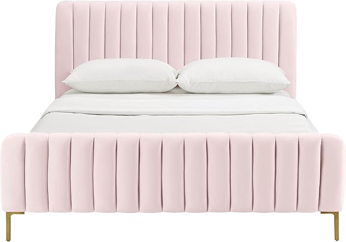 First of a Kind Upcycled Linen Full Bed Frame in Blush - Glam Design with Channel Tufting and Gol... | Amazon (US)