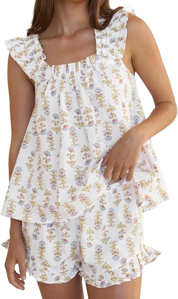Wyeysyt Summer PJs for Women Set, Womens Floral Pajama Set Trim Cami Top and Shorts 2 Piece Sleep... | Amazon (US)