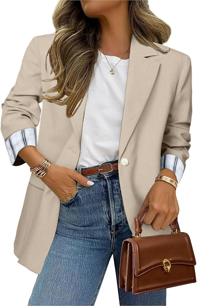 Simplee Blazer for Women Casual Long Sleeve Work Business Blazers Striped Cuff Suit Jacket with P... | Amazon (US)