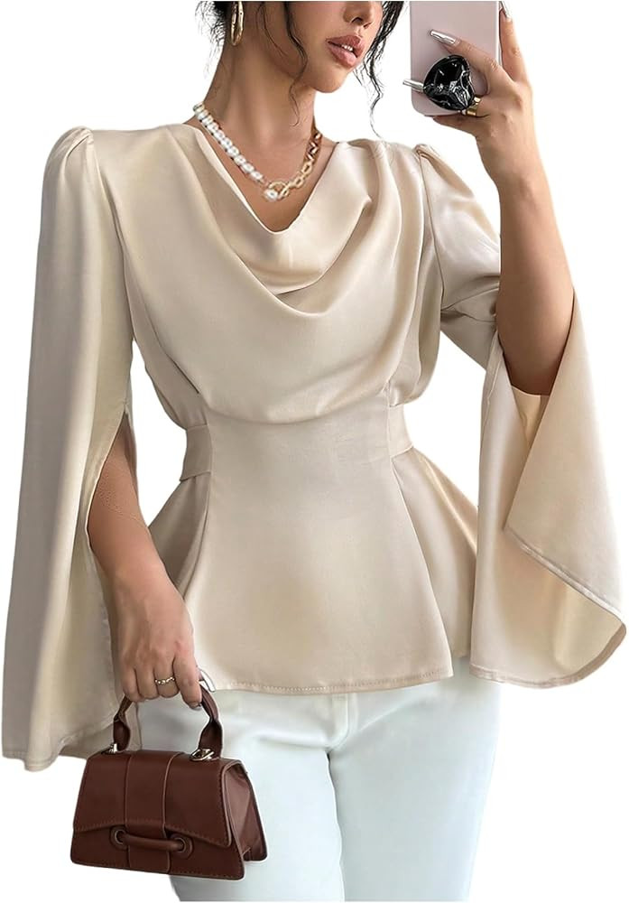 OYOANGLE Women's Satin Cowl Neck Split Long Sleeve Blouse Elegant Peplum Tops Dressy Casual Shirt | Amazon (US)