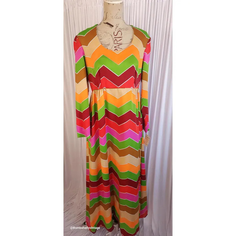 Vintage 70's Concept 70s Swirl Multi Color Zig Zag Maxi Dress | Etsy (Global)