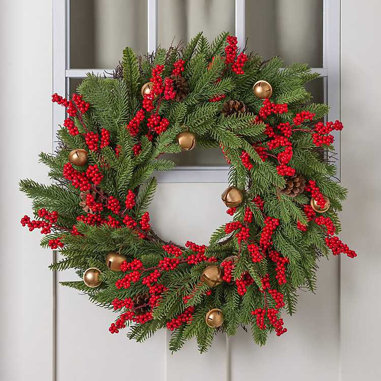 Red Berry Pine Christmas Wreath with Bells | Kirklands