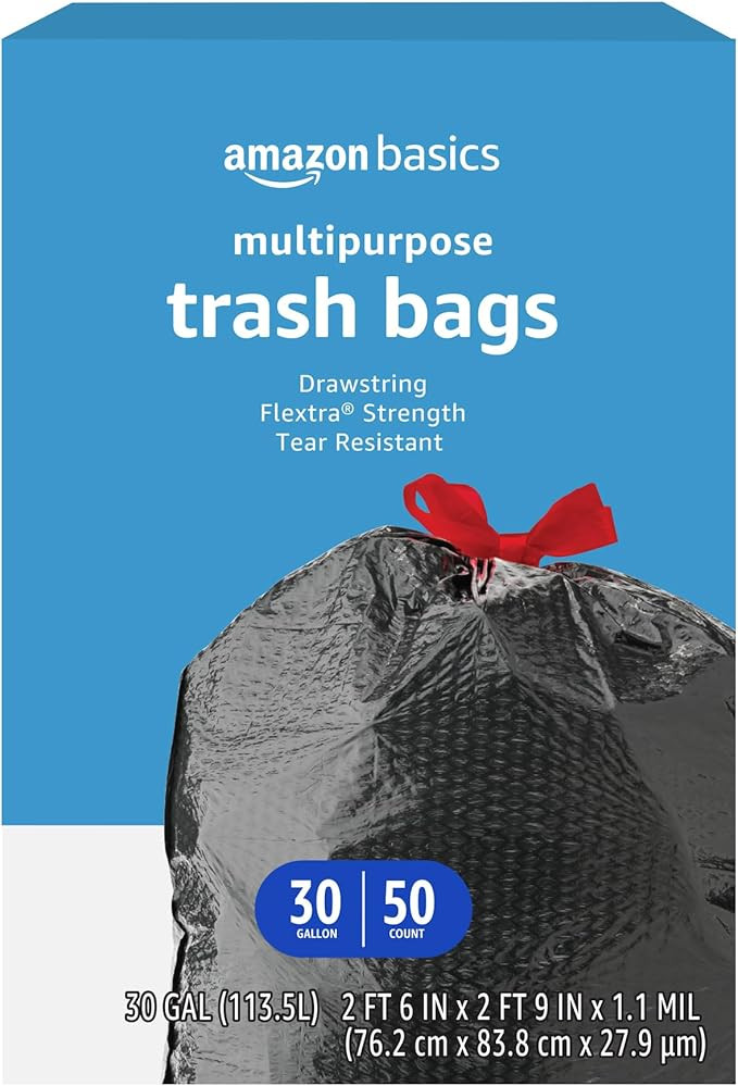 Amazon Basics Flextra Multipurpose Drawstring Trash Bags, 30 Gallon, 50 Count | Amazon (US)