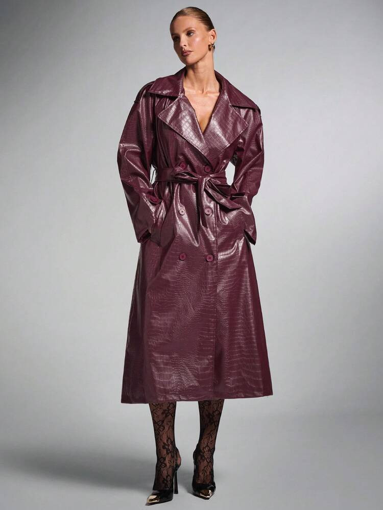 SHEIN BAE Women's Fall&Winter Urban Chic Solid Color Faux Leather Oversize Double-Breasted Lapel Collar Long Sleeve Trench Coat ,Burgundy Textured PU Trench Coat,Burgundy PU Leather Trench Coat | SHEIN