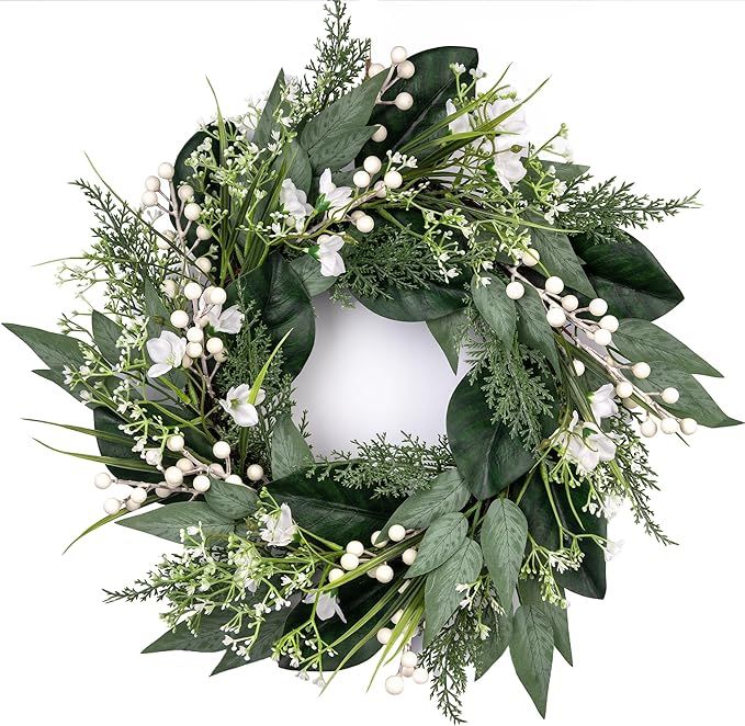 20 inch Spring Wreaths for Front Door with White Berries, Green Wreath with White Flower for Wind... | Amazon (US)