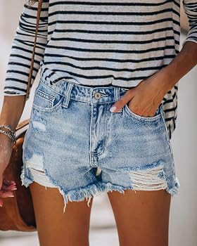 CHICZONE Ripped Jean Shorts Womens Mid High Rise Stretchy Casual Denim Shorts Frayed Raw Hem Ligh... | Amazon (US)