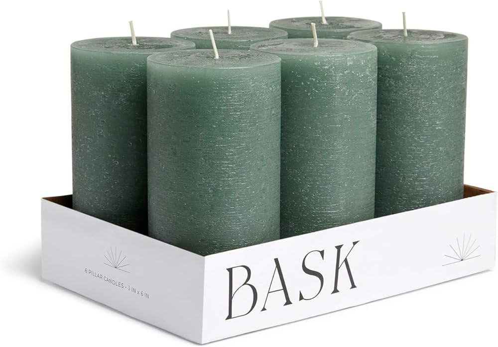 Mottled Pillar Candles by Bask - Set of 6-3" x 6" Dripless Unscented Candles in Dark Green for Ho... | Amazon (US)