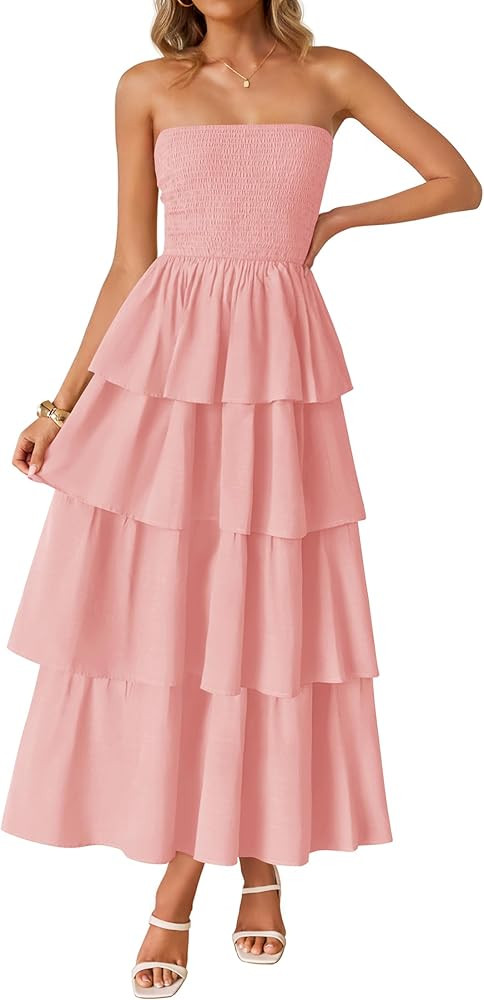 ZESICA Women‘s Summer Boho Strapless Maxi Dress 2026 Casual Pink Dress Pink Sundress Amazon Sundress | Amazon (US)