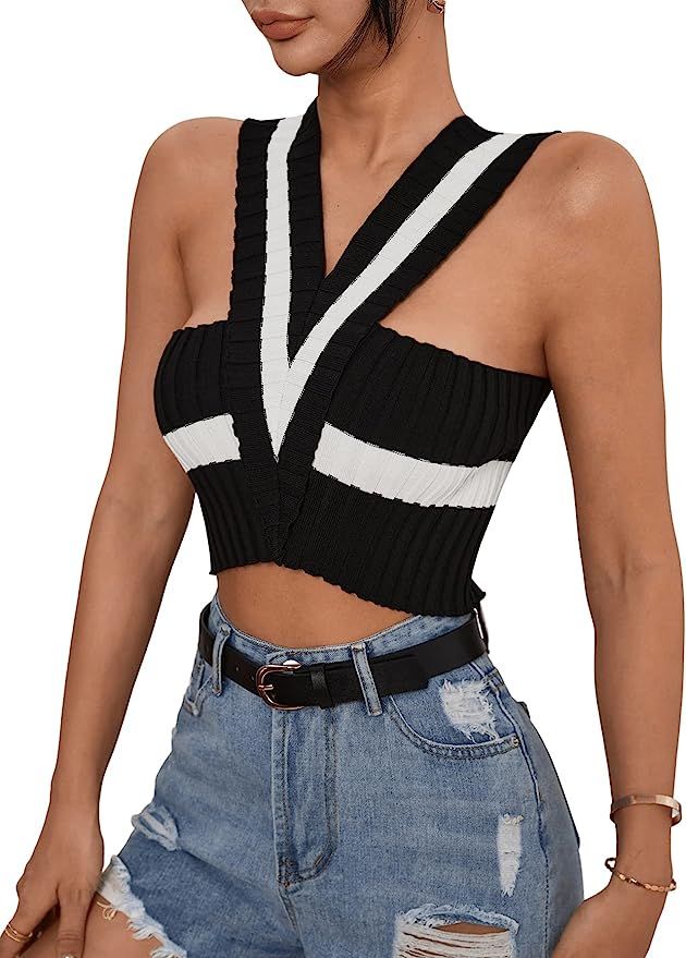 SweatyRocks Women's Sleeveless Criss Cross Rib Knit Halter Crop Top Colorblock Tank Tops | Amazon (US)