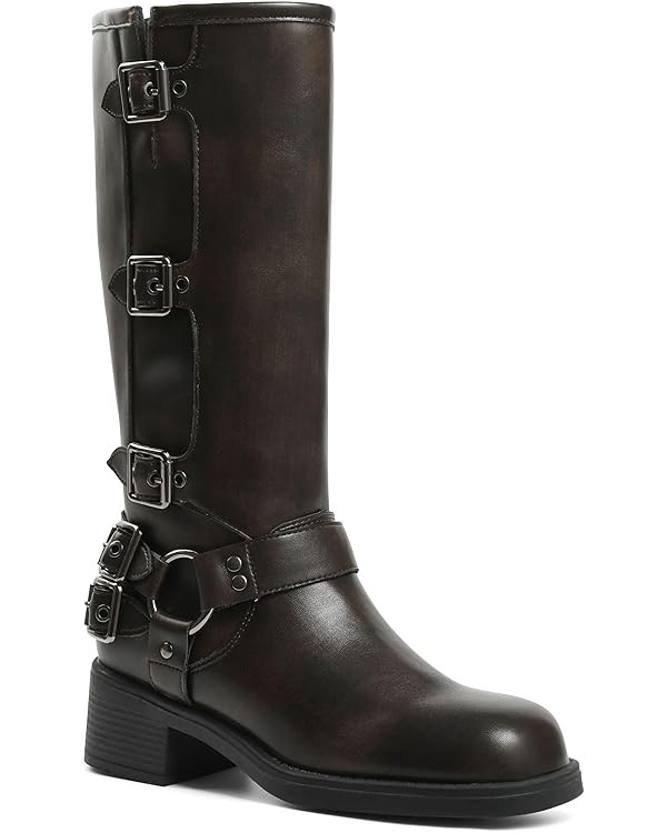 AMINUGAL Knee High Boots Women Square Toe Pull On Wide Calf Riding Fashion Buckles Chunky Metalli... | Amazon (US)
