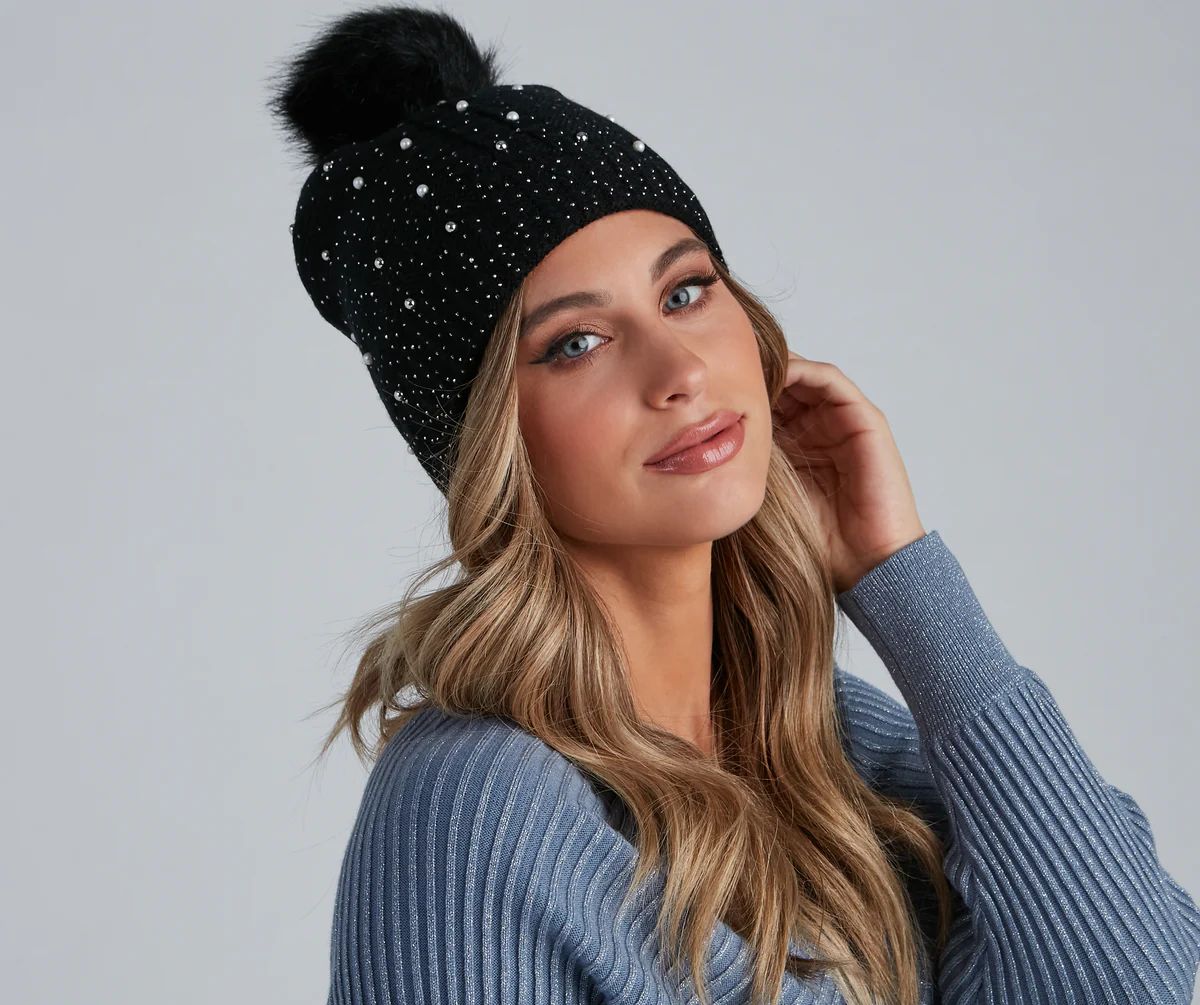 Rhinestone And Pearl Luxe Knit Beanie | Windsor Stores