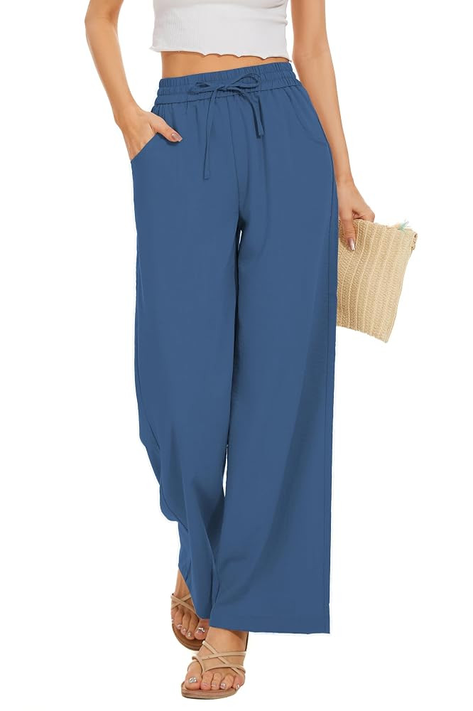 Women Flowy Pants Drawstring Waist Wide Leg Palazzo Beach Pants Loose Fit with Pockets | Amazon (US)