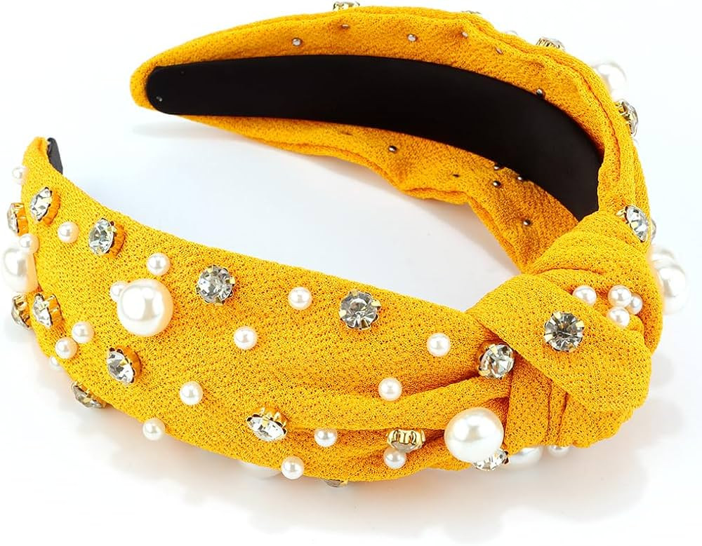 AHONEY Pearl Knotted Headband for Women & Girls, Rhinestone Top Knot Crystal Headpiece - Boho Wid... | Amazon (US)