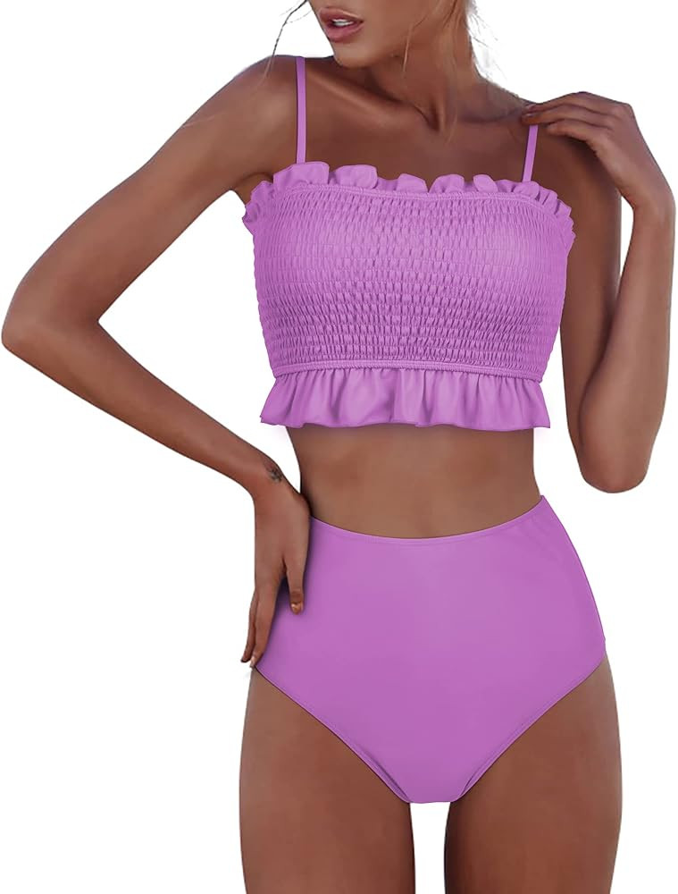 MOOSLOVER Women's Shirred Bandeau Bikini Top High Waisted Bottom 2 Piece Swimsuits Bikini Set | Amazon (US)