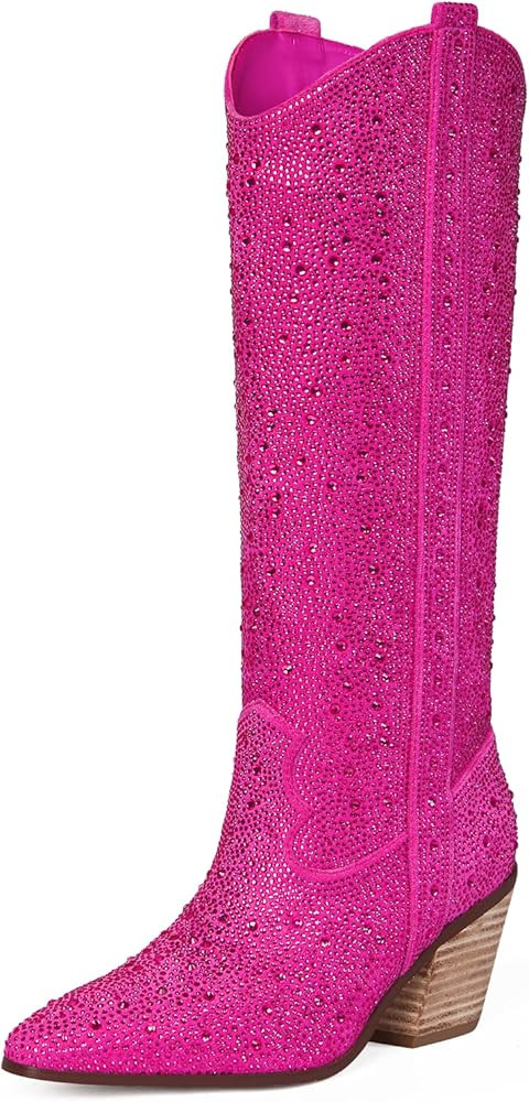 Ouepiano Women's Cowboy Boots Cowgirl Ankle Boots Western Rhinestones Boots Pointed Toe Low Chunk... | Amazon (US)