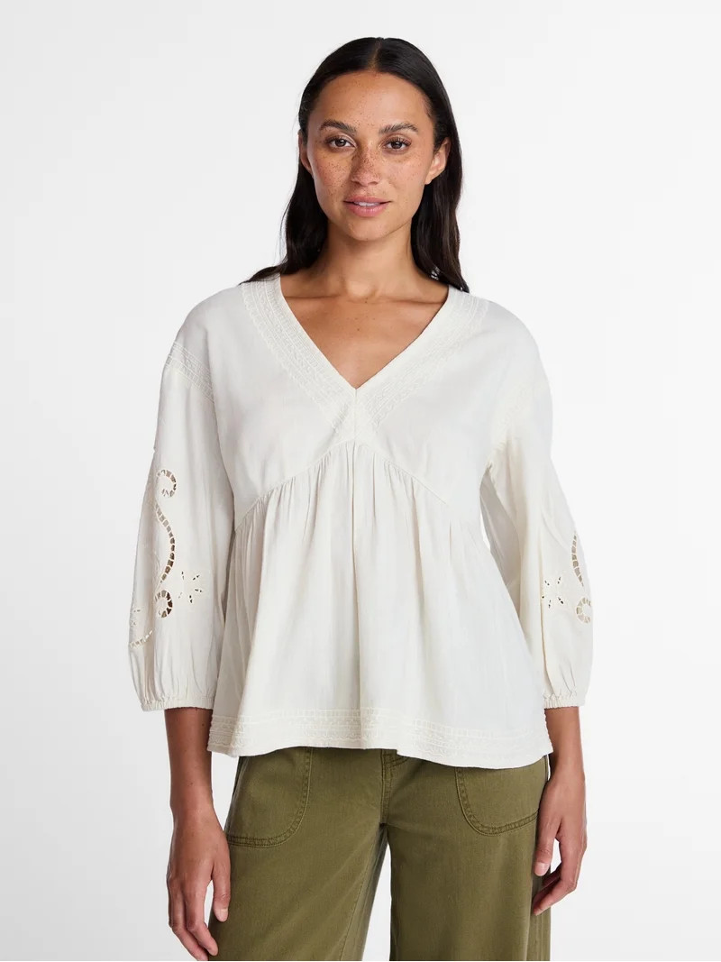 Time and Tru Women's Long Sleeve Poet Sleeve Broderie Anglaise Top, Sizes XS-XXXL | Walmart (US)