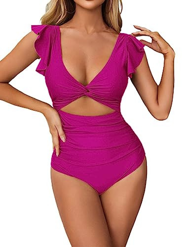 Avanova Women's Cut Out Ruched One Piece Swimsuit V Neck Ruffle Sleeve Twist Bathing Suit Hot Pink Medium | Amazon (US)