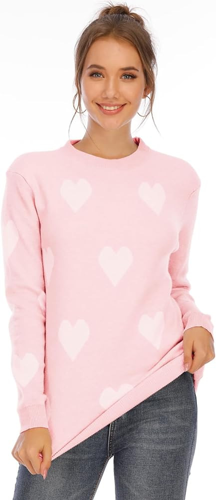 Women's Pullover Sweaters Long Sleeve Crew Neck Cute Multi-Hearts Knitted Casual Sweater | Amazon (US)