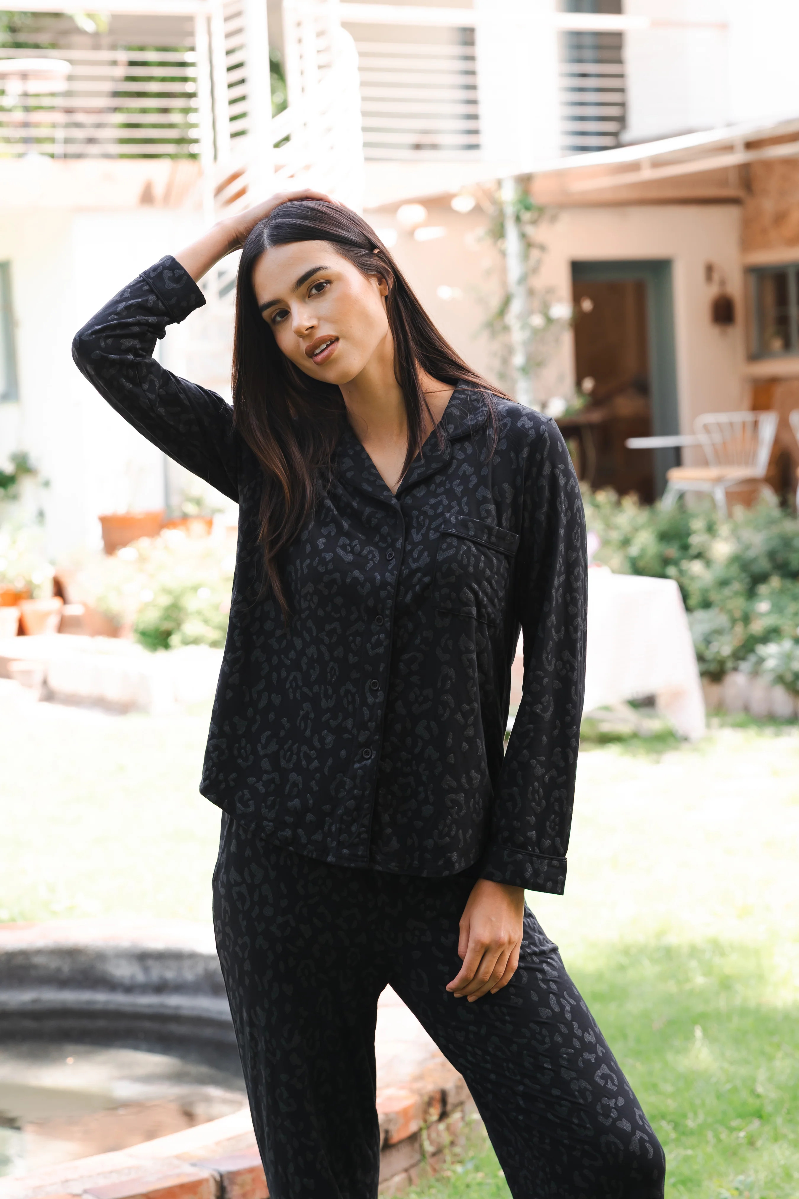 Long-Sleeved Women's Pajama Set in Midnight Leopard | Kyte Living