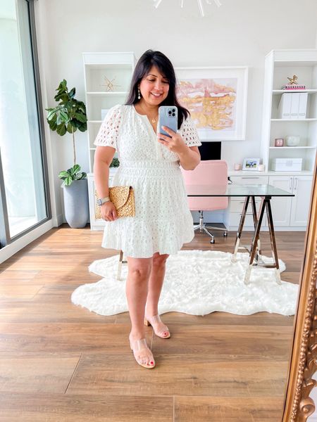 Anthropologie Somerset white eyelet dress size petite large. Available in regular, petite and plus sizes and two  other colors. Schutz sandals true to size. Kendra Scott earrings. Amazon straw clutch purse. 

#liketkit @shop.ltk https://liketk.it/4dmQF

Summer dresses, summer dress, dress, vacation dress, brunch outfit, wedding guest, wedding guest dress, everyday outfits spring, summer outfits, spring outfits 2023, summer outfits 2023, vacation outfits, vacation dresses, white dress, straw clutch bag, straw purse, gold sandals, wedding guest sandals, summer sandals, clear sandals, eyelet dress, white eyelet dress

#LTKxAnthro #LTKwedding #LTKstyletip